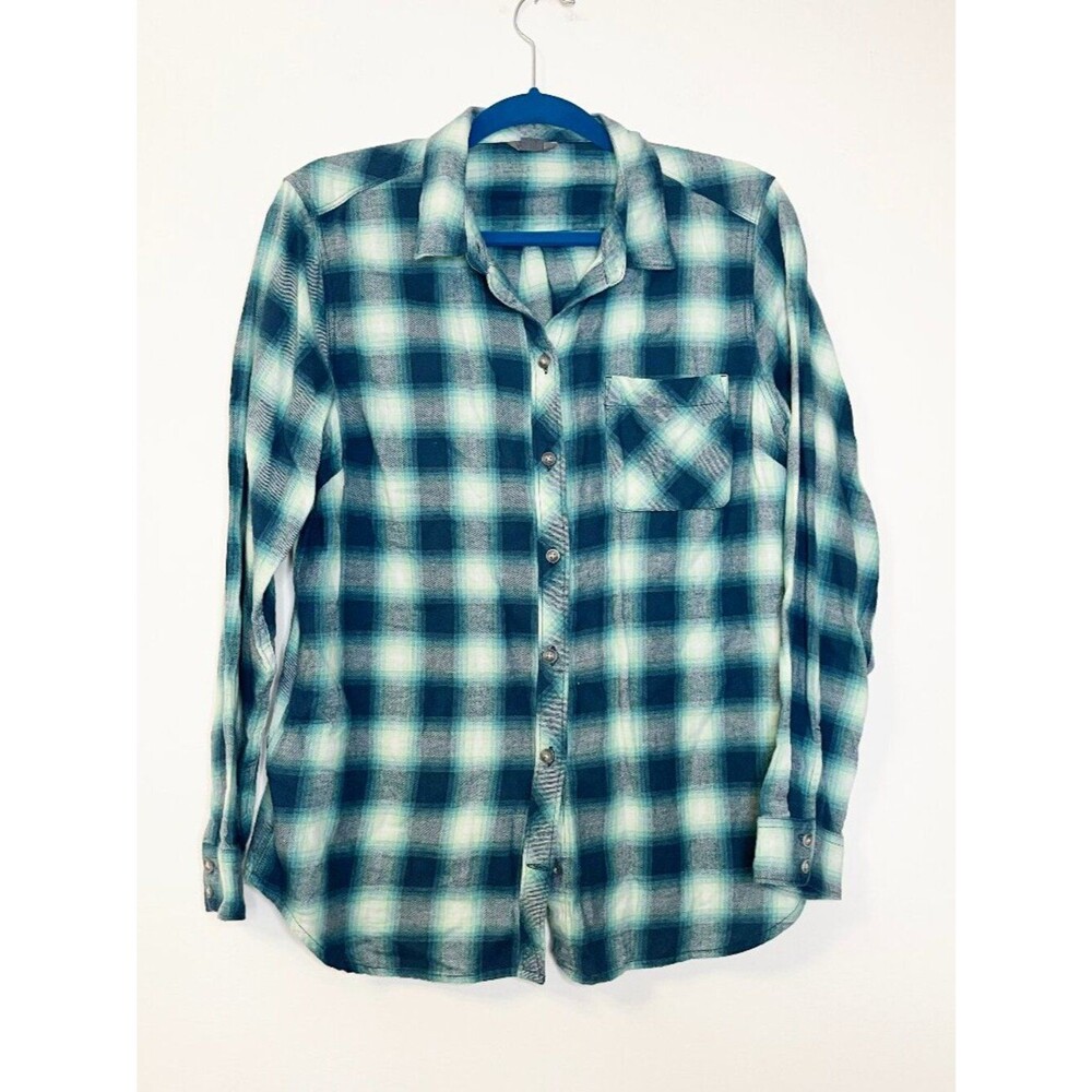 Eddie Bauer Blue Green Plaid Button Front Flannel Shirt Women's Large Camping